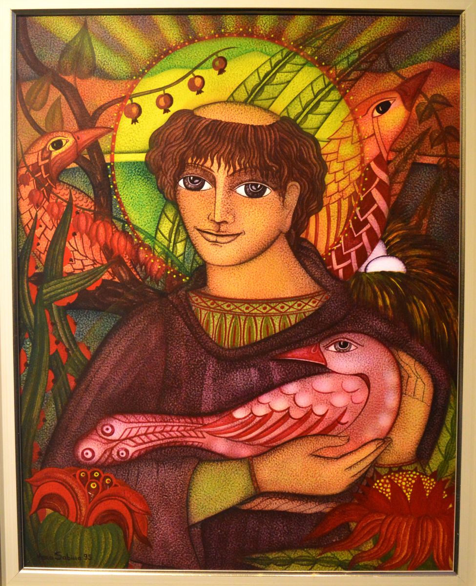 Entre as obras expostas está a pintura da artista Vera Sabino que remete a São Francisco de Assis