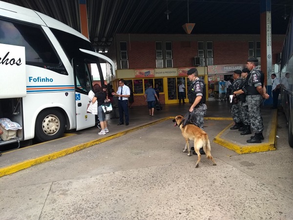 Na Rodoviária de Santa Cruz do Sul cães farejadores do Pelotão de Operações Especiais (POE) realizaram busca de drogas