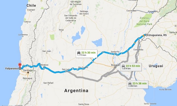 Trajeto inicia em Uruguaiana e vai até Valparaíso no Chile, cruzando a Cordilheira dos Andes