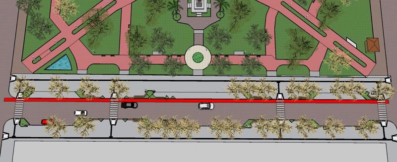 Projeto mostra a ciclovia que será instalada (linha vermelha junto à praça)