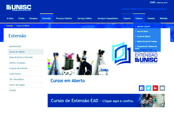 Na aba Extensão são encontrados os cursos e projetos oferecidos e desenvolvidos