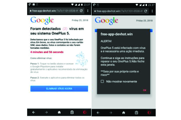 Página falsa que informa a infecção e a necessidade de baixar o arquivo