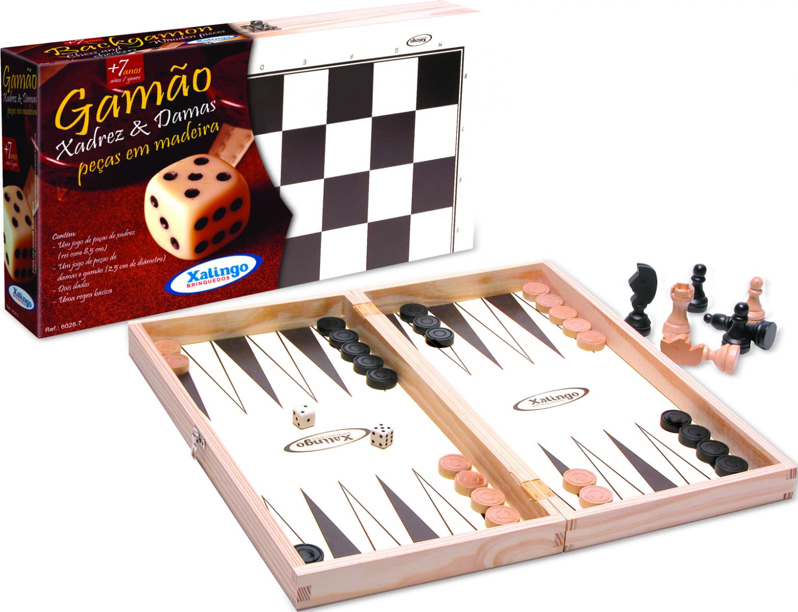 Gam‹o, Xadrez e Damas, em madeira, 40 x 40 cm 